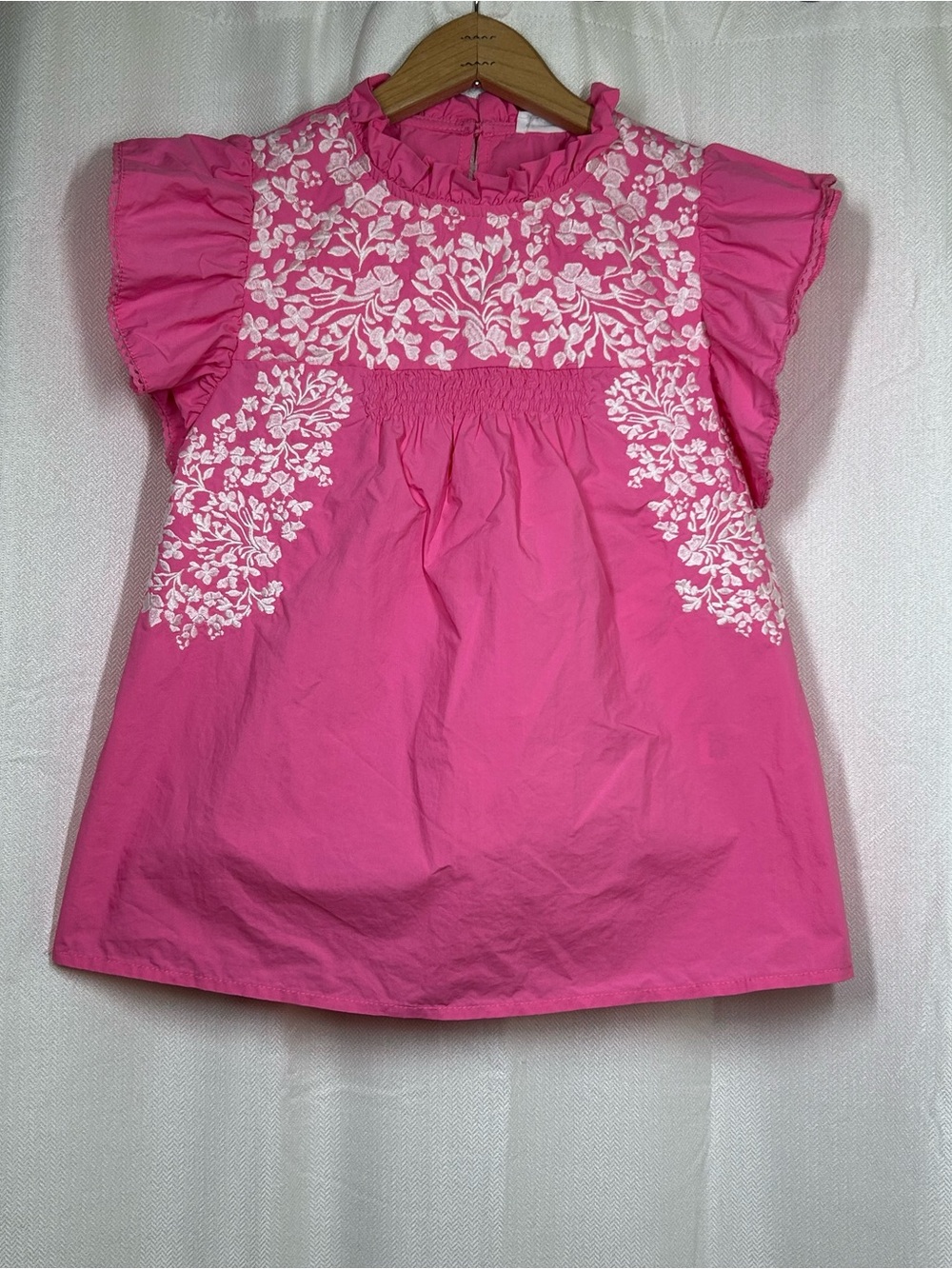 THML Pink Embroidered Top Size XS Ruffle Sleeves Smocked Women’s